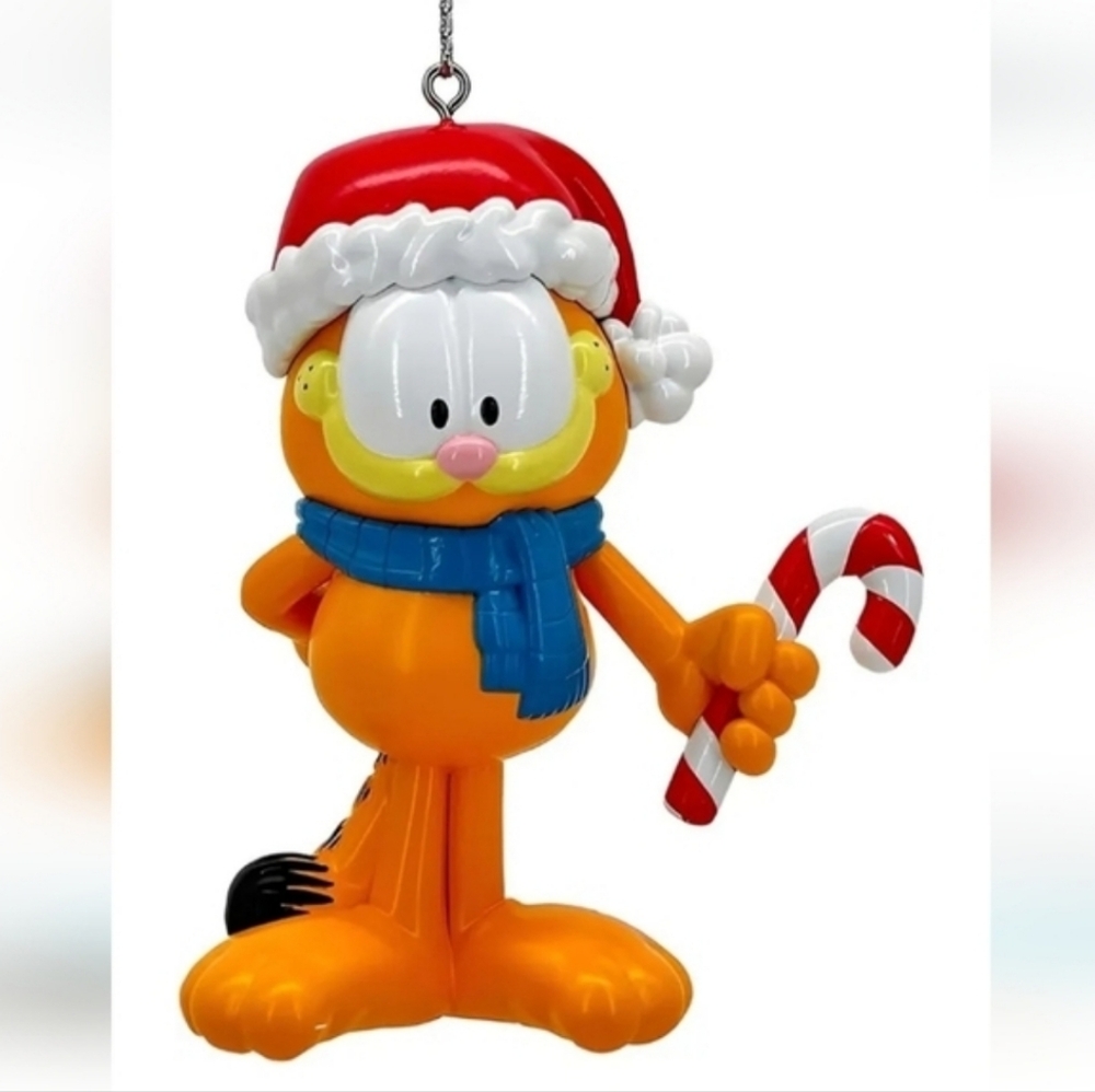 Garfield Christmas Ornament Wearing A Santa Hat Holding A Candy Cane